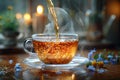 hot tea being poured into a glass cup, in the style of selective focus, large canvas format, natural. Generative AI Royalty Free Stock Photo