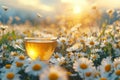 Hot tea with chamomile on field, tranquil summer panorama