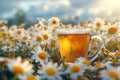 Hot tea with chamomile on field, tranquil summer panorama
