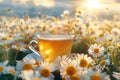 Hot tea with chamomile on field, tranquil summer panorama