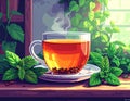 Hot Tea Cup with Fresh Mint Leaves on Windowsill Royalty Free Stock Photo