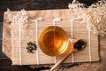 Hot tea in cup glass with dried tea leaves in spoon Royalty Free Stock Photo