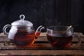 Hot tea in glass teapot and cup with spoon and steam Royalty Free Stock Photo