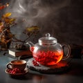 Hot tea in a glass teapot on a dark background.