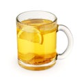 Hot tea with lemon and ginger in a glass mug isolated on white Royalty Free Stock Photo