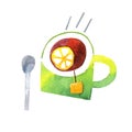 Hot tea with lemon on white background watercolor illustration with clipping mask