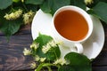 Hot tea made from lime in a pot with a branch