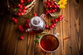 Hot tea from medicinal fruits of red ripe rosehip