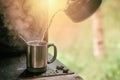 Hot tea is poured from a teapot into a metal mug with steam on a background of grass.