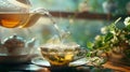Hot tea is pouring from a teapot into cup with magical morning background Royalty Free Stock Photo