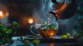 Hot tea is pouring from a teapot into cup with magical morning background Royalty Free Stock Photo