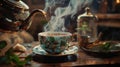 Hot tea is pouring from a teapot into cup with magical morning background Royalty Free Stock Photo