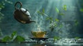 Hot tea is pouring from a teapot into cup with magical morning background Royalty Free Stock Photo