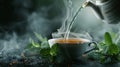 Hot tea is pouring from a teapot into cup with magical morning background Royalty Free Stock Photo