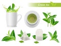 Hot tea realistic. Green leaves cups water splashes aromatic green tea tags vector advertizing set