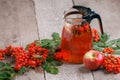 Hot tea from rosehip berries and fruit in transparent glasses and honey on a wooden table. Harvesting, autumn fall winter hot