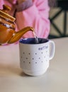 Hot tea in teapot and cup with steam on a table. Woman pour tea from brown teapot into a cup. Hot healthy drink Royalty Free Stock Photo