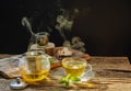 Hot Tea Teapot Cup on wooden backgrounders Royalty Free Stock Photo