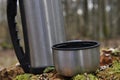 Hot tea in thermos for a walk in the woods Royalty Free Stock Photo