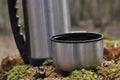 Hot tea in thermos for a walk in the woods Royalty Free Stock Photo