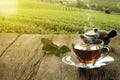 Hot teacup with saucer, organic green tea leaf and kettle on wooden table Royalty Free Stock Photo