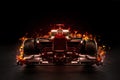 Hot team motor sports racing car with studio lighting and fire effect.