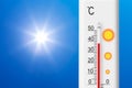 Hot temperature and summer heat. Thermometer shows plus 38 degrees