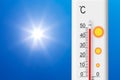 Hot temperature and summer heat. Thermometer shows plus 49 degrees