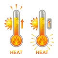 Hot thermometer with fire flame, high heat temperature, extreme overheating icon. Warm summer. Glass mercury bulb with sun Vector, Royalty Free Stock Photo