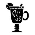 Hot toddy glyph icon. Hot whiskey in Irish coffee glass. Beverage with lemon slices and cinnamon stick in footed tumbler