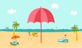 Hot tour vacation sea beach, tropical palms and sand, woman sunbathes on seaside, people swim in ocean flat vector