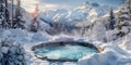 a hot tub surrounded by snow covered mountains, Royalty Free Stock Photo