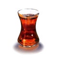 Hot turkish black tea in traditional glass, turkish aromatic drink, isolated, hand drawn watercolor illustration on