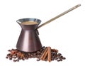 Hot turkish coffee pot, beans and spices on white background Royalty Free Stock Photo