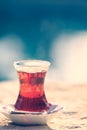 Hot turkish tea outdoors near water. Turkish tea and traditional Royalty Free Stock Photo