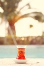 Hot turkish tea outdoors near water. Turkish tea and traditional Royalty Free Stock Photo