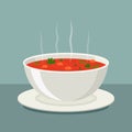 Hot vegetable soup in white dishes. vector