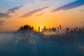 Hot and warm colors and shades of beautiful landscapes of Russia in the Rostov region. Local fields of blooming yellow sunflowers,