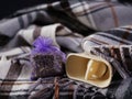 Hot water bottle and dried lavender herbs on cozy blanket medium shot Royalty Free Stock Photo