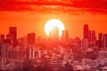 Hot Weather Red Sun Against City Background for Global Warming Concept Created with Generative AI Technology