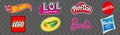 Hot Wheels, Lego, LOL, Crayola, Play- Doh, Barbie, Mattel, Hasbro toys colored icons. Vector editorial icons