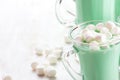 Hot white mint chocolate with marshmallows, white background. Holidey drink