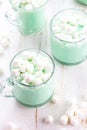 Hot white mint chocolate with marshmallows, white background. Holidey drink