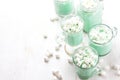 Hot white mint chocolate with marshmallows, white background. Holidey drink