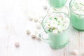 Hot white mint chocolate with marshmallows, white background. Holidey drink