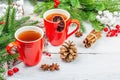 Hot winter or Christmas tea in ceramic red cups. Fir tree branches, lemon slice, spices and berries Royalty Free Stock Photo