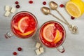 Hot winter detox drink - cranberry tea or sangria with fresh lemon slices in glasses on the gray concrete background Royalty Free Stock Photo