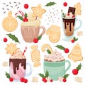 Hot winter drinks in flat style. Large set of vector illustrations of Christmas drinks and decorative elements Royalty Free Stock Photo