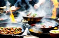 A hot wok with chef in a Chinese kitchen. back view of the chef, Chinese food being cooked in a wok on fire in the Chinese kitchen Royalty Free Stock Photo