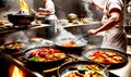 A hot wok with chef in a Chinese kitchen. back view of the chef, Chinese food being cooked in a wok on fire in the Chinese kitchen Royalty Free Stock Photo